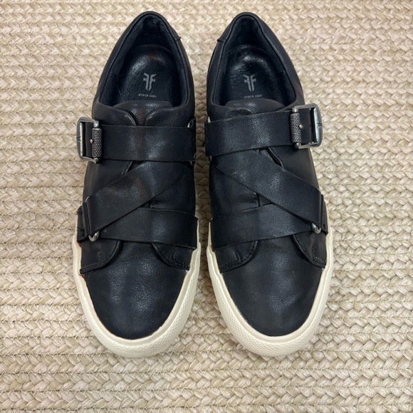 Frye Gia Moto Low Sneakers Women’s 7 Black Leather Buckle - Picture 2 of 14